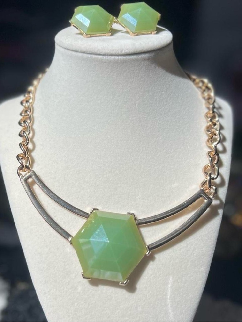 Green and gold chunky hexagon necklace and earring set